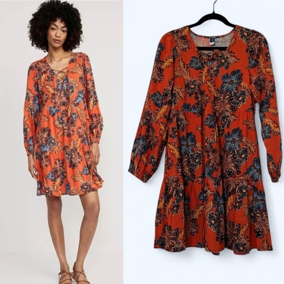 Old Navy Dresses & Skirts - 2/$30 Old Navy Tie-Neck Tiered Cotton Mini Floral Swing Dress Orange